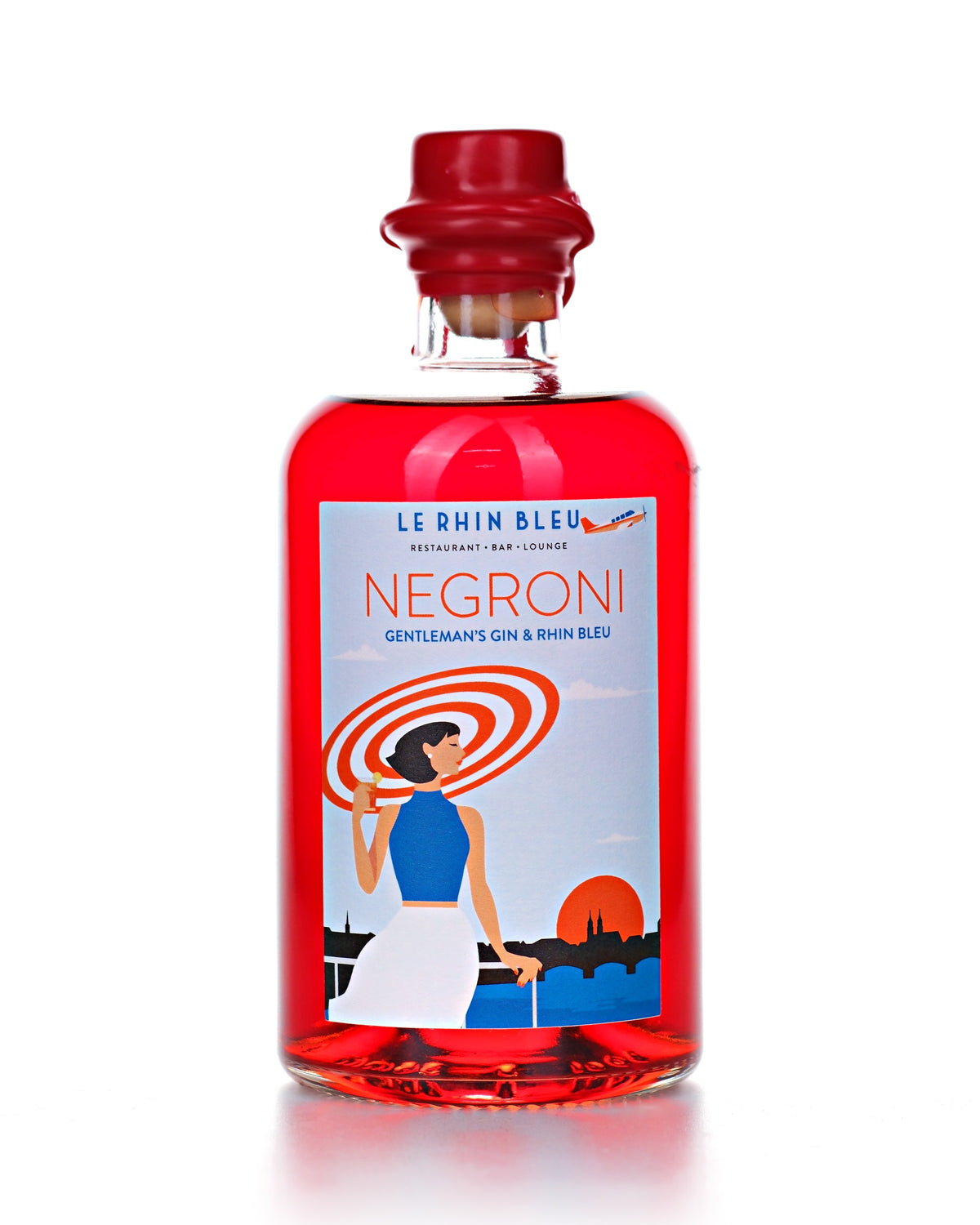 Negroni Rhin Bleu x Gentleman's Gin, fertig gemischter Negroni, 50 cl, 27 Vol.-%, rote Flasche mit Le-Rhin-Bleu-Etikette