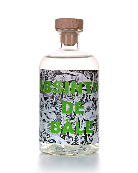 Absinthe de Bâle, Absinth aus Basel, 50 cl, 55 Vol.-%, Flasche mit schwarz-weisser Basel-Illustration und grüner Schrift
