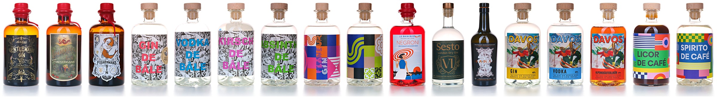 Gin de Bâle, Gentleman's, Lumberjack's, Fisherman's, Flaneur, Sesto, Nakal, Davos, Vodka, Kirsch, Absinth, Licor de Café, Spirito de Café und Negroni aus der Brennerei Aktienmühle Basel