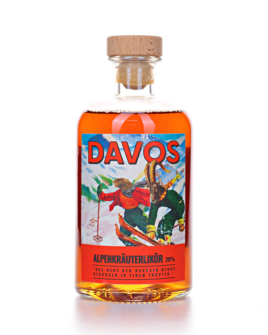 Davos Alpenkräuterlikör, 50 cl, 20 Vol.-%, Flasche mit roter Etikette und Skifahrer-Motiv