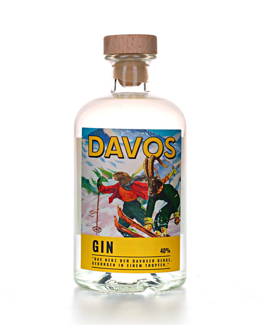 Davos Gin, 50 cl, 40 Vol.-%, Flasche mit gelber Etikette und Skifahrer-Motiv