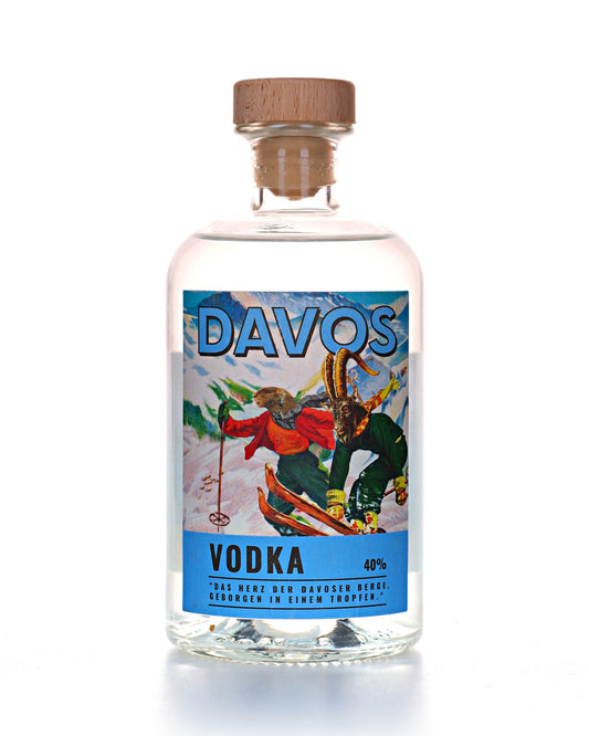 Davos Vodka, 50 cl, 40 Vol.-%, Flasche mit blauer Etikette und Skifahrer-Motiv