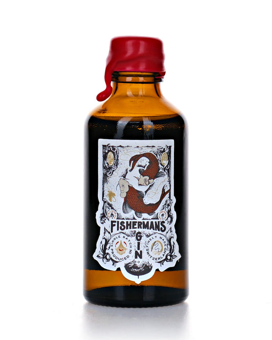 Fisherman's Gin Mini, 5 cl, 41 Vol.-%, Braunglasflasche mit rotem Wachssiegel und weisser Etikette mit Fisch