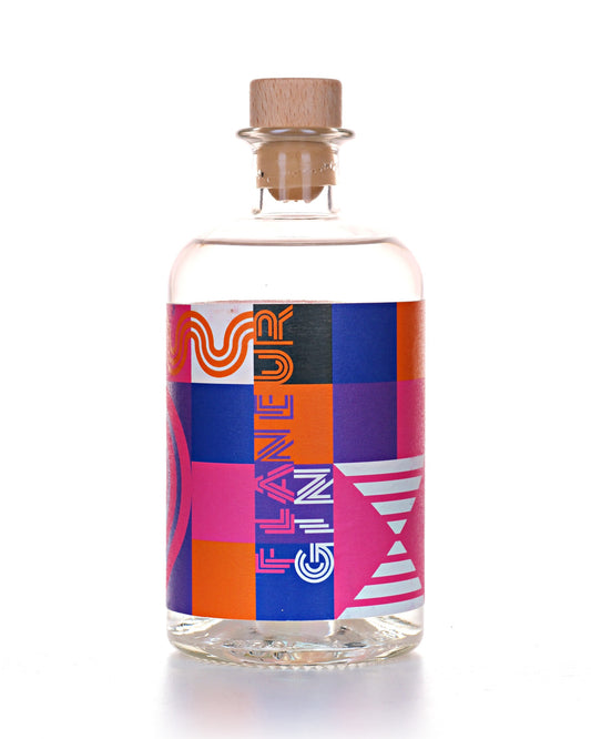 Flaneur Gin, 50 cl, 40 Vol.-%, Flasche mit pink-blauer Etikette