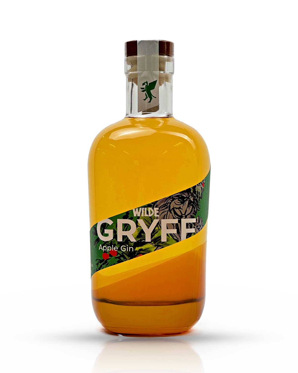 Wilde Gryff Apple Gin, goldgelber Gin in der Flasche mit grüner Etikette und Greif