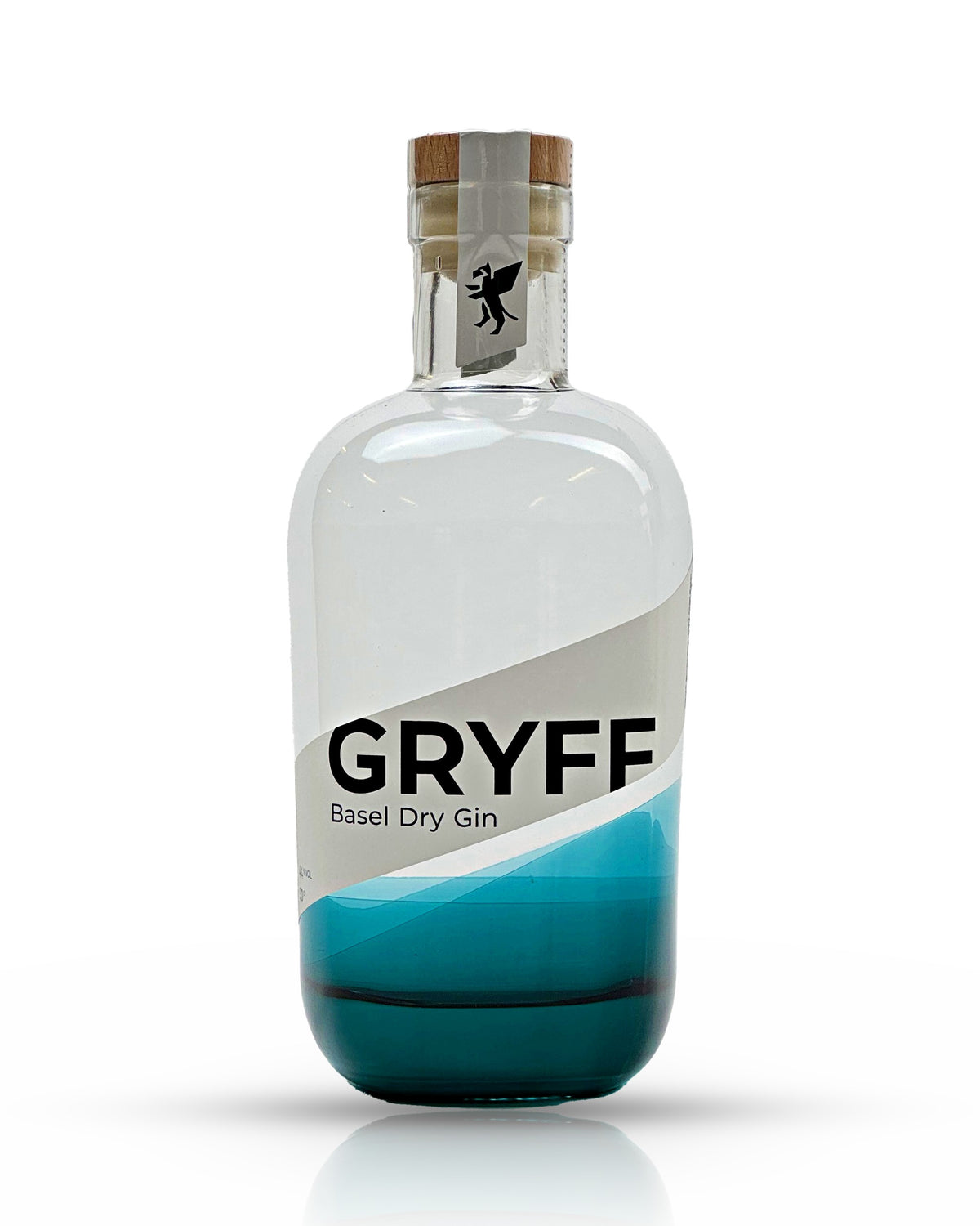 Gryff Gin, Basel Dry Gin, Flasche mit grauer Etikette und türkis gefärbtem Glasboden