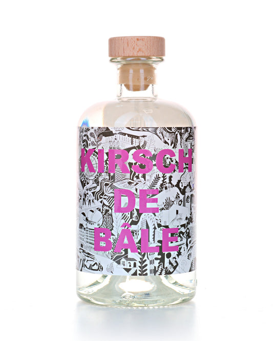 Kirsch de Bâle, Kirschbrand aus Basel, Flasche mit schwarz-weisser Etikette und pinker Schrift