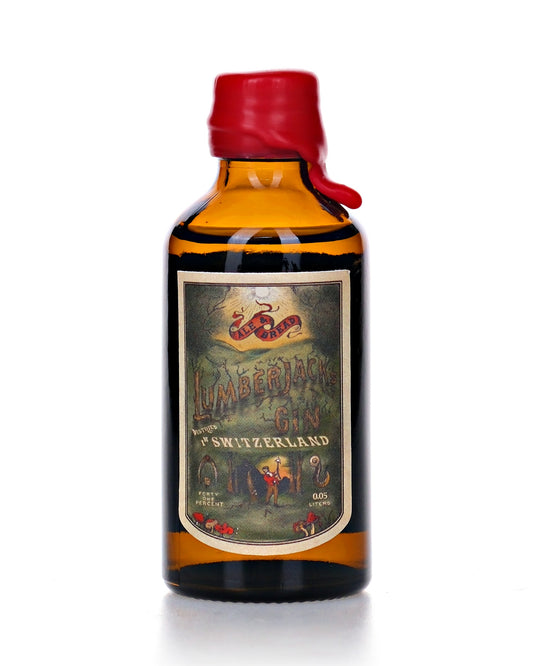 Lumberjack's Gin Mini, 5 cl, 41 Vol.-%, Braunglasflasche mit rotem Wachssiegel und grüner Waldetikette