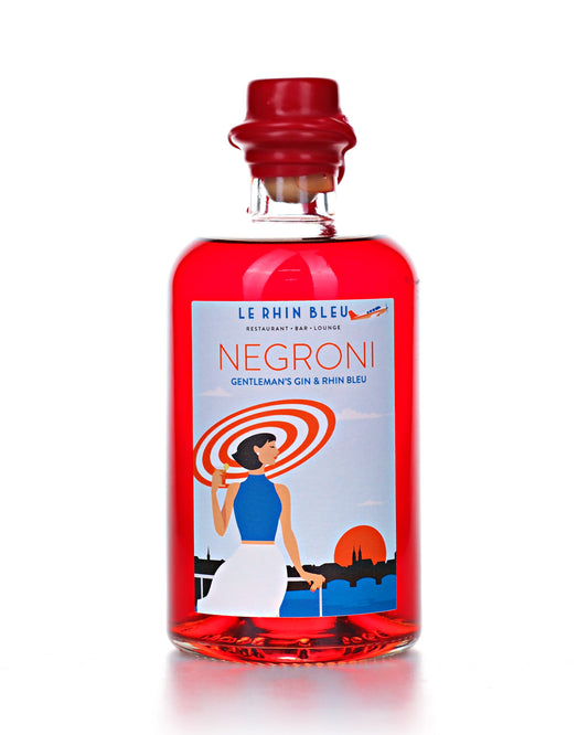 Negroni Rhin Bleu x Gentleman's Gin, fertig gemischter Negroni, 50 cl, 27 Vol.-%, rote Flasche mit Le-Rhin-Bleu-Etikette
