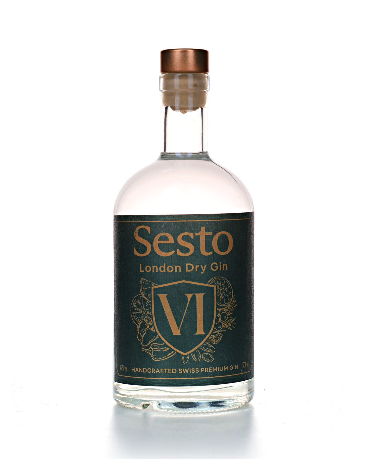 Sesto London Dry Gin, 50 cl, 42 Vol.-%, Flasche mit dunkelgrüner Etikette und kupferfarbenem VI-Wappen