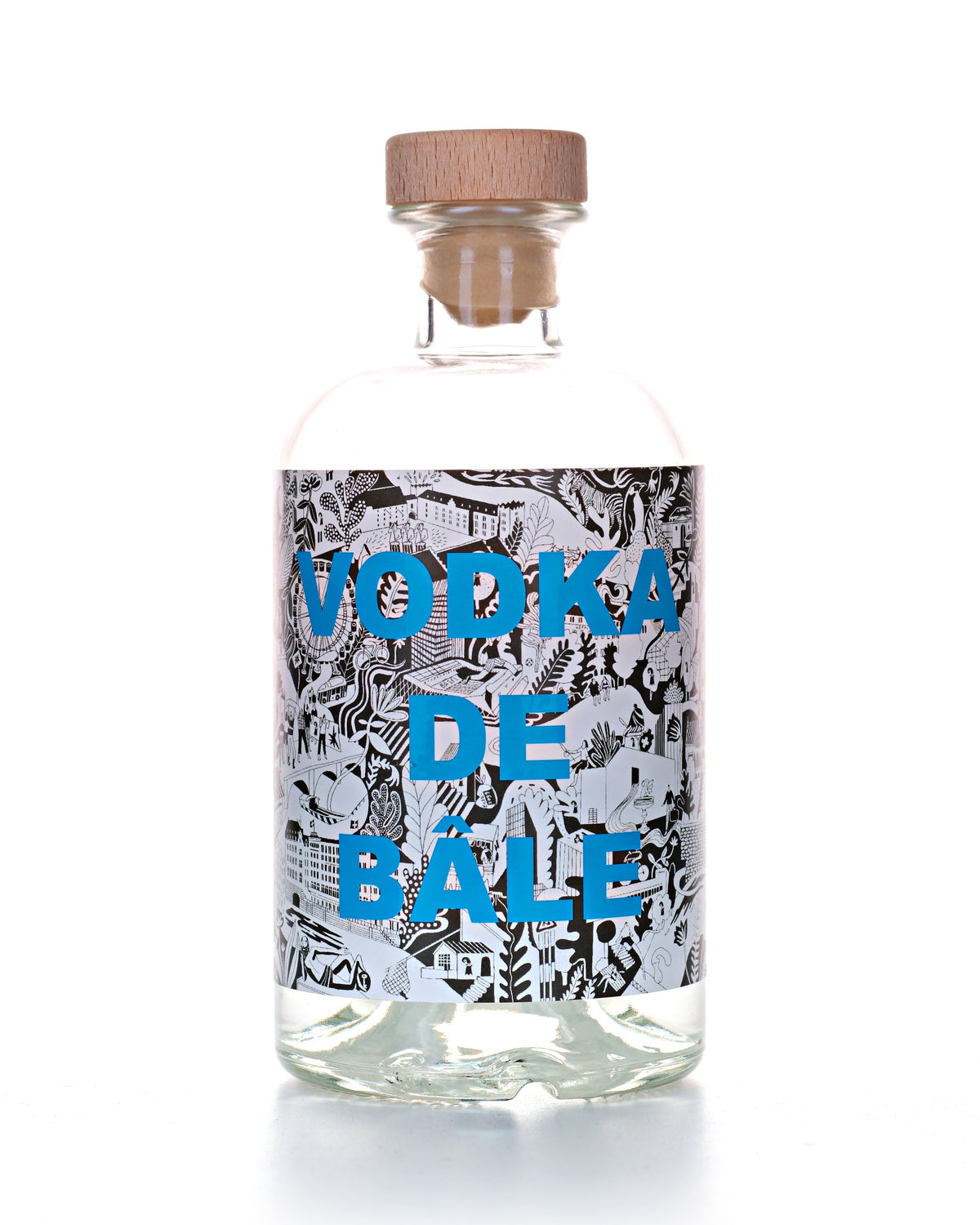 Vodka de Bâle, Vodka aus Basel, 50 cl, 40 Vol.-%, Flasche mit schwarz-weisser Basel-Illustration und blauer Schrift