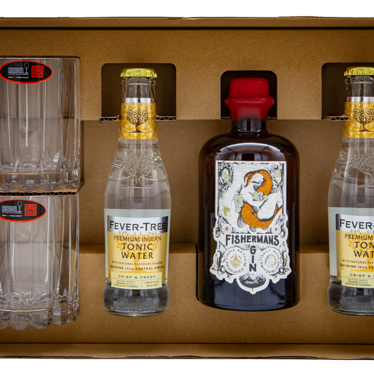 Geschenkbox mit Fisherman's Gin, Fever Tree Tonic und Riedel Gläsern